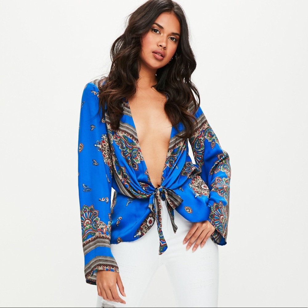 Missguided Blue Paisley Print Satin Drape Blouse